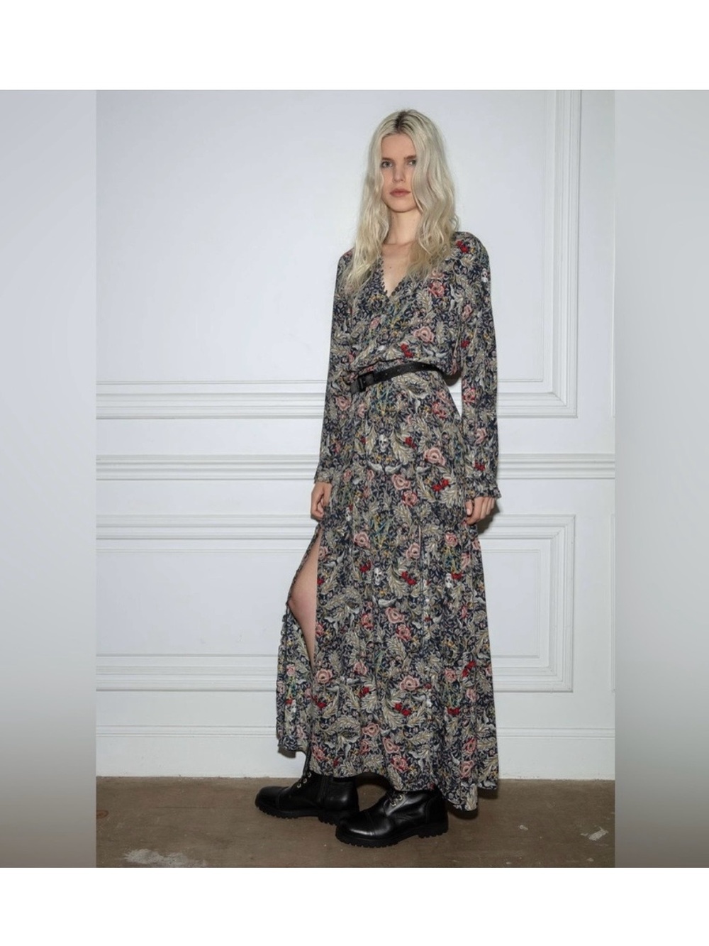 Zadig & Voltaire Navy Floral V-Neck Maxi Dress with Pink Accents